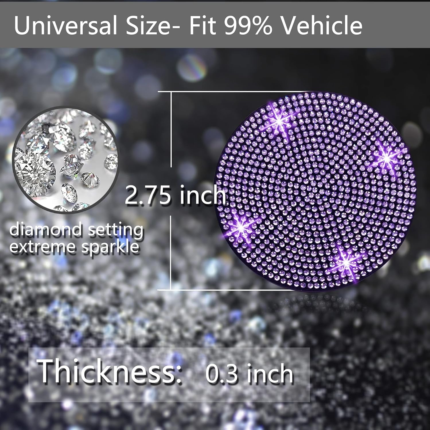 2Pcs Bling Car Cup Holder Coaster, 2.75 Inch Anti-Slip Shockproof Universal Fashion Vehicle Car Coasters Insert Bling Rhinestone Auto Automotive Interior Accessories for Women (2 Pcs, Purple Violet)